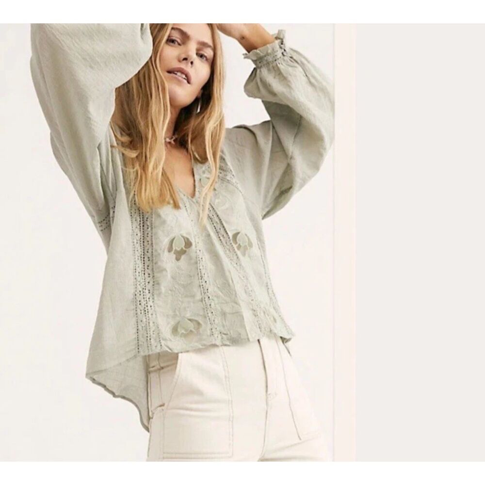 Free People Women's Sivan Embroidered Blouse Moss Green Long Sleeve Size XS - Picture 2 of 12